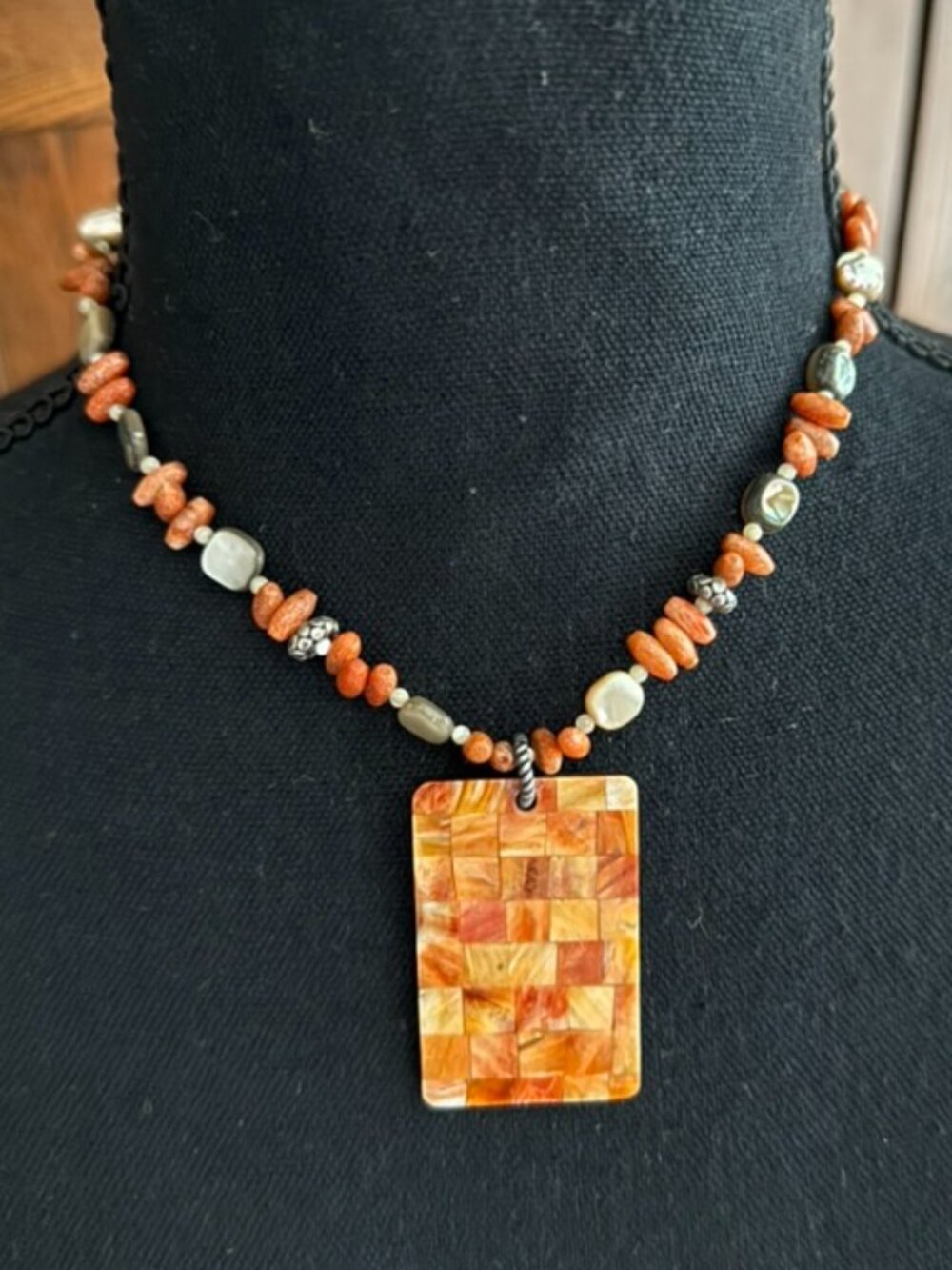 Silpada Sponge Coral, Shell and Sterling Necklace with Mosaic Pendant